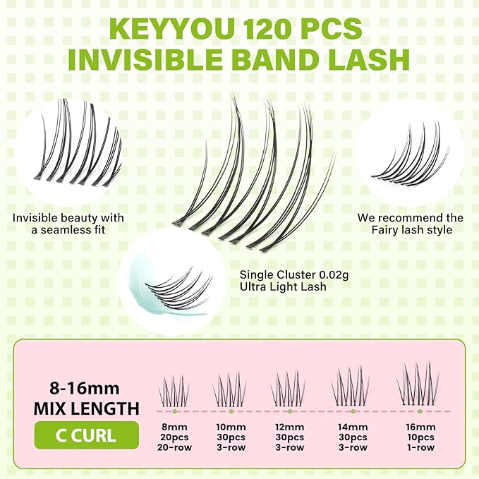 KEYYOU DIY Lash Clusters,120Pcs C Curl False Eyelashes Waterproof Invisible Band, Natural Looking at Home Extensions for Beginners