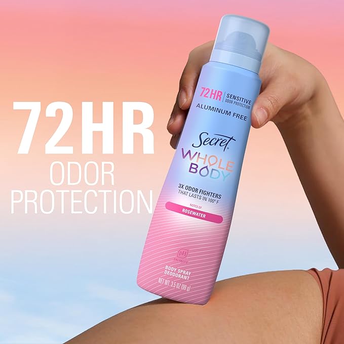 Secret Whole Body Deodorant for Women, Rosewater Scent, Aluminum Free Deodorant Spray, 72 HR Odor Protection, 3.5 oz