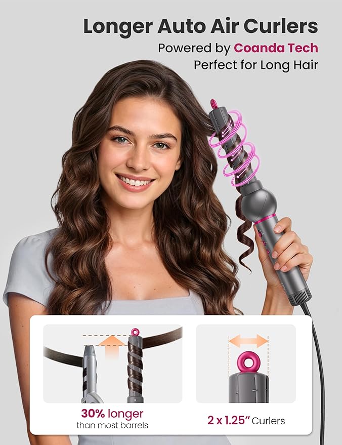 O.H.B 7 in 1 Hair Styler & High Speed Dryer Brush, 110,000RPM Blow Dryer Brush, Ionic Air Styler with Fast Drying, No Heat Damage Air Multi Styler for Volumize, Curl, Straighten, Travel Case, Gray