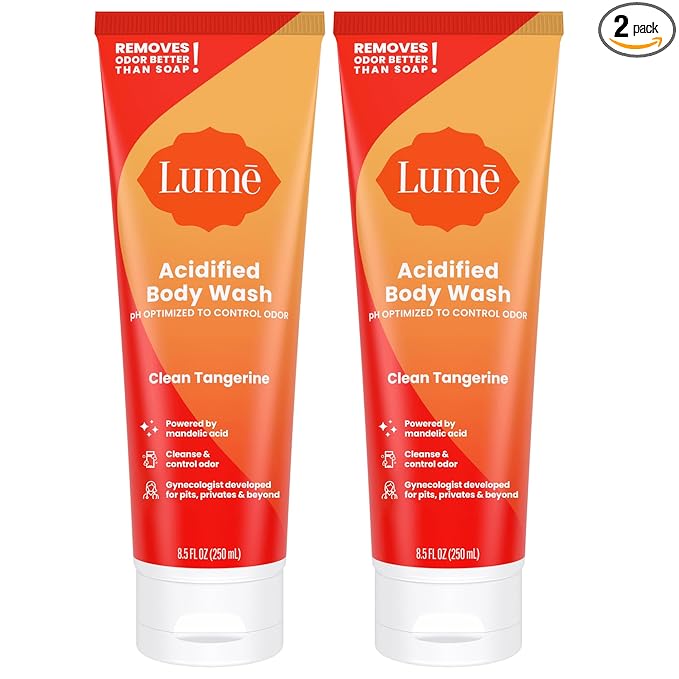 Lume Acidified Body Wash - 24 Hour Odor Control - Removes Odor Better than Soap - Moisturizing Formula - Formulated Without SLS or Parabens - OB/GYN Developed - 8.5 ounce (Pack of 2) (Clean Tangerine)
