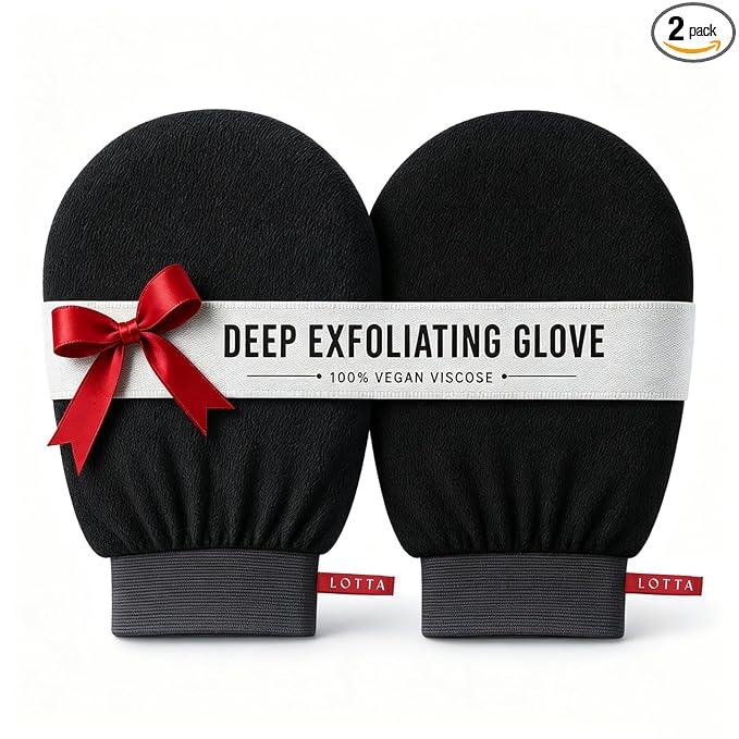LOTTA Korean Exfoliating Mitt 2Pcs Bath Gloves Bathing Tanning Mitts Self Tanner Shower Body Scrub Large Size Suitable for Men and Women Black