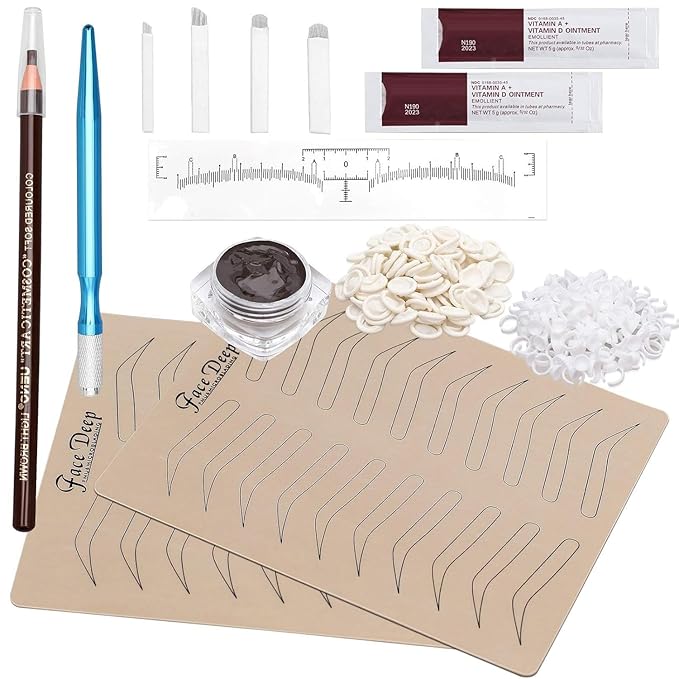 Eyebrow Microblading Kit, Permanent Tattoo Practice Set with Blades, Pigment, Practice Skin, Ruler, Repair Gel, Ring Cup, Finger Gloves, Pencil