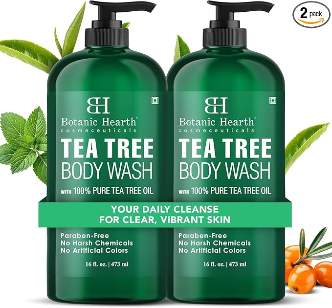 Botanic Hearth Tea Tree Body Wash 16 fl oz (2 Pack) Natural Antifungal & Odor Control Shower Gel for Acne, Athlete’s Foot, Ringworm, Jock Itch, Healthy Skin, Sulfate & Paraben Free, for Men & Women
