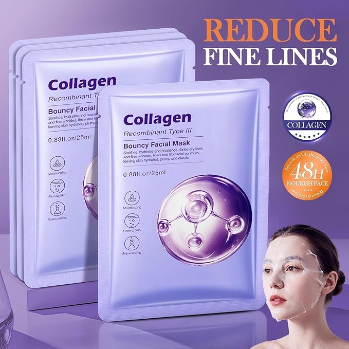 Collagen Face Mask with Recombinant Type III Collagen, Deep Hydrating & Bouncy Facial Mask, Moisturizing and Firming Sheet Mask for Smooth, Elastic Skin, Gentle for All Skin Types, 4PCS