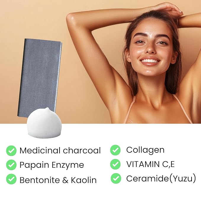 Pelican Soap Charcoal Soap Bar for Acne-Prone Skin, Natural Bar Soap for Sensitive Skin & Pore Cleansing with Papaya Enzyme, Black Soap Bar for Men & Women Made in Japan 4.8 Oz, 4 Count, FOR BACK