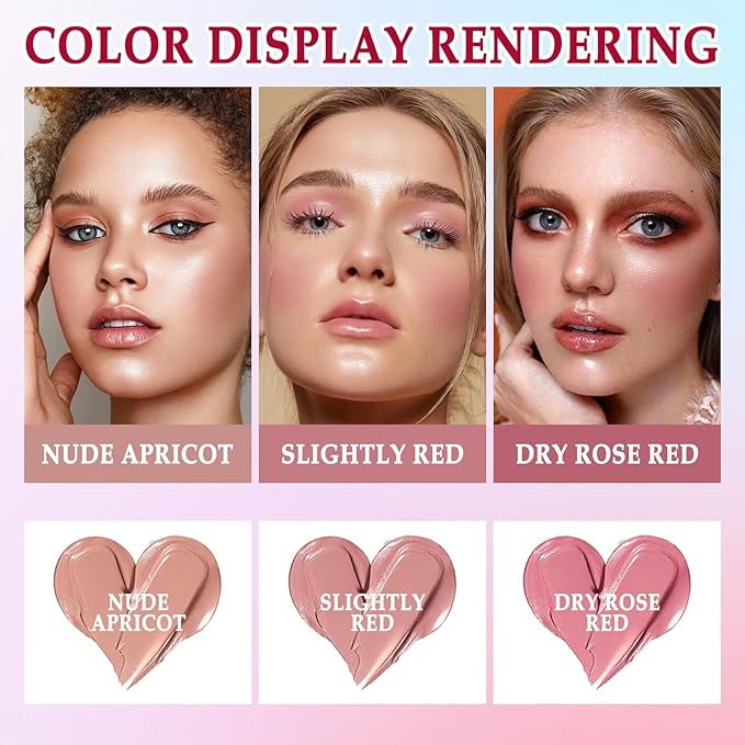 3 Colors Blush Stick with Makeup Sponges,Matte Solid Cream Blush,Multi-Use Blush Stick for Cheeks,Lips and Eye,High Pigmented Makeup Sticks Set A2