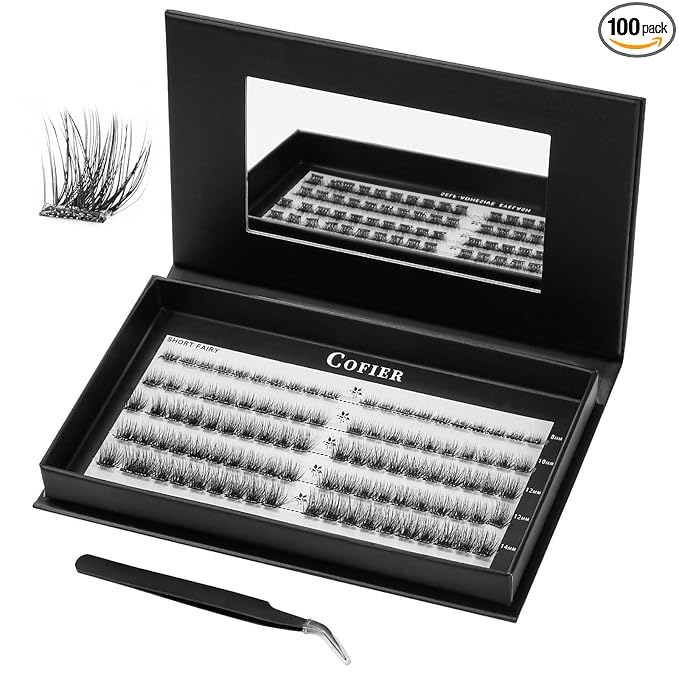 Glue-Free Wispy Lash Clusters Kit, 100 Pcs Individual Eyelash Clusters (8-14mmC Curl)- DIY Lash Extension Kit with Eyelashes Tweezers, Natural Fluffy Fake Lashes for Home Use, Beginners Friendly