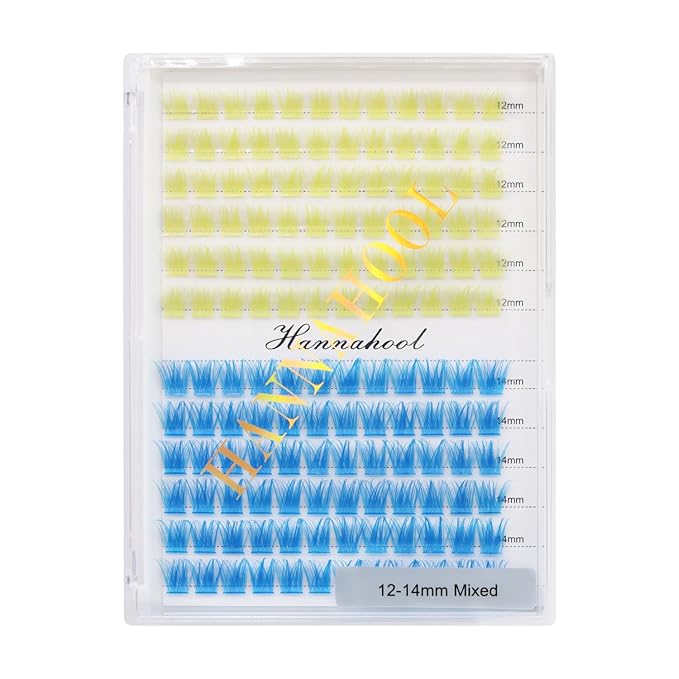 12rows-Large Tray Mixed 8-10-12-14-16mm/Mixed 14-15-16mm/Mixed14mm-16mm/Mixed 18-20mm Wide Stem Individual False Eyelashes Dramatic Black Cluster Eyelashes (T50-yellow-blue-12-14mm)