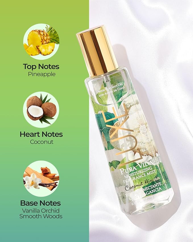 Luxe Perfumery Pura Vida Coconut Mimosa Moisturizing Fragrance Mist – Tropical Fruity Body Spray with Pineapple, Coconut & Vanilla Orchid – Hydrating Skin Mist for Women, Made in USA, 8 Fl Oz