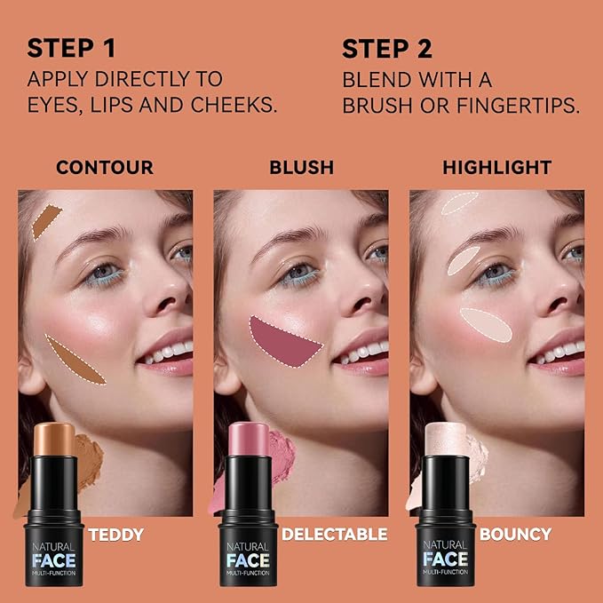 3Pcs Cream Contour Stick Makeup Kit, Shades with Highlighter, Blush and Bronzer Contour Stick for Sculpt the Cheeks, Long Lasting, Waterproof, Matte & Dewy Finish (F)