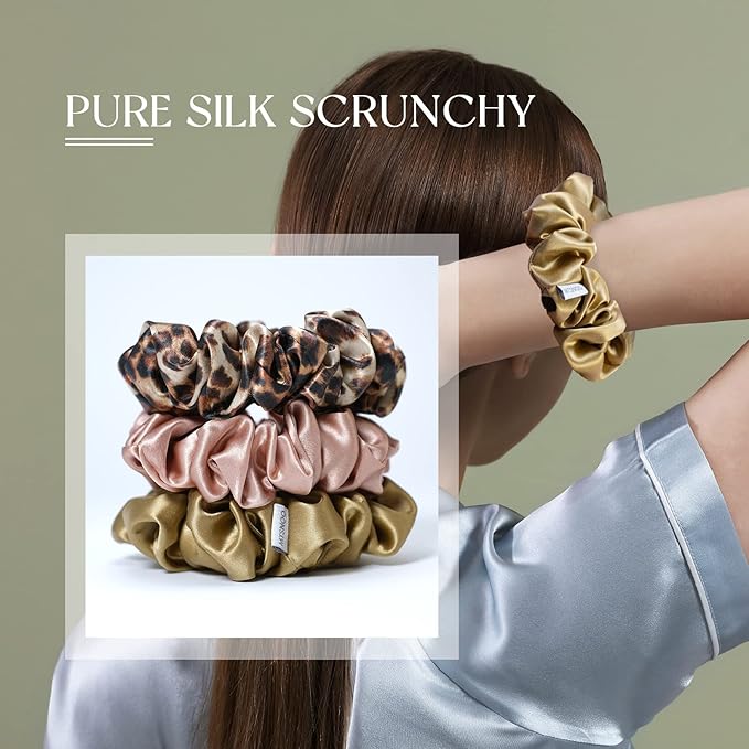MTSNOO Silk Scrunchies, 100% Pure 22 Momme Mulberry, 3 Pack, RoseGold+GoldLeopard+Gold, Hair Ties for Curly Hair, Elastic Band, Scrunchies Set for Women Girls