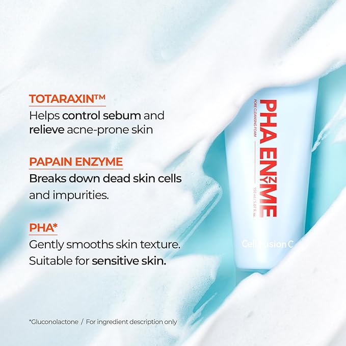 Cell Fusion C PHA Enzyme Pore Cleansing Foam – Face Wash for Acne-prone Skin, Blackheads & Clogged Pores, TOTARAXIN & Papain Enzyme, 5.07 fl.oz / 150ml