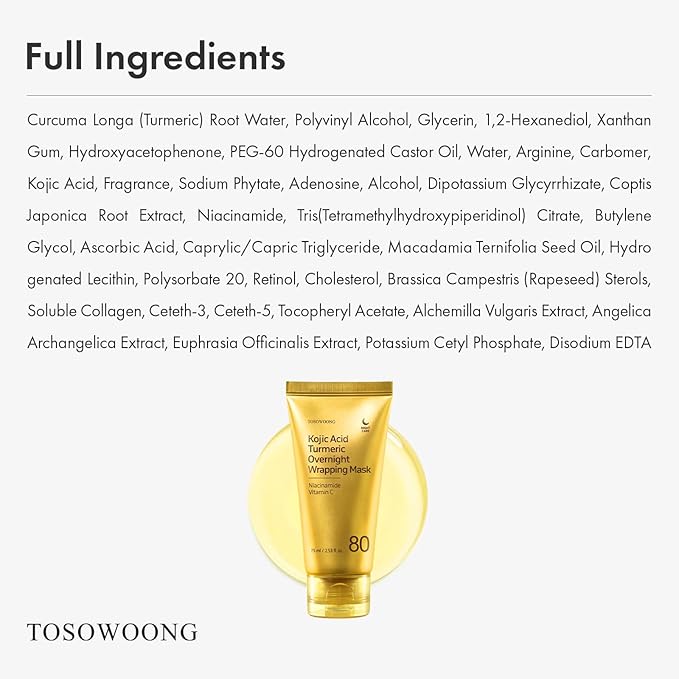 TOSOWOONG Kojic Acid Turmeric Overnight Wrapping Mask, 80% Turmeric Peel Off Facial Mask for Glass Skin, Niacinamide, Retinol & Vitamin C for Dark Spot Remover, Korean Skincare, 75 ml / 2.53 fl. oz.