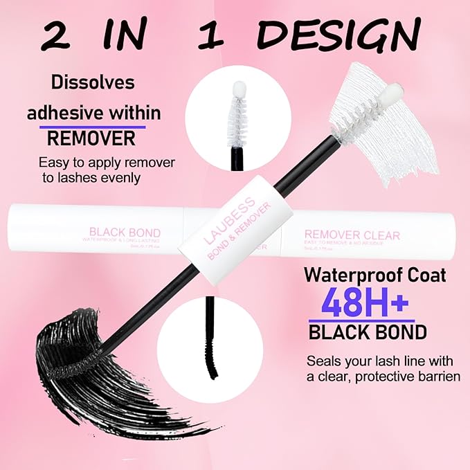 Lash Glue for Eyelash Clusters LAUBESS Lash Bond and Remover 2 in 1 Lash Cluster Glue 10ml Adhesive Eyelash Glue Lash Remover for Lash Extensions Home Use