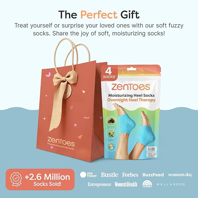 ZenToes Moisturizing Socks for Cracked Heel Treatment, Vitamin E, Olive Oil and Jojoba Oil Infused Heel Socks, Spa Gifts for Women, Mothers Day Gifts (Fuzzy Blue, Regular)