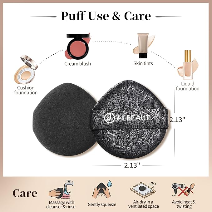 ALBEAUT Rubycell Cushion Puff, 6-Pack Teardrop Round Foundation Applicators for Cushion Makeup, Liquid & Cream Formulas, Lace-Detail PU Back with Elastic Strap, Precision Edge for Detail Tapping