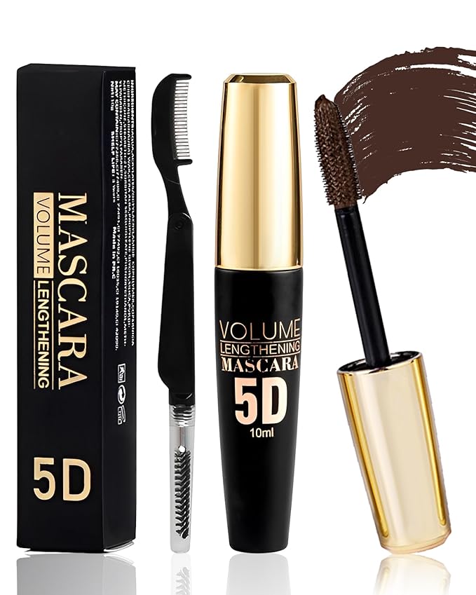 Brown Waterproof Mascara, 5D Silk Fiber, Lengthening Volumizing, Colored Tube Máscara for Eyelash, Long Lasting Curling Mascara Volume and Length, Eye Mascaras Makeup for Women with Eyelash Brush