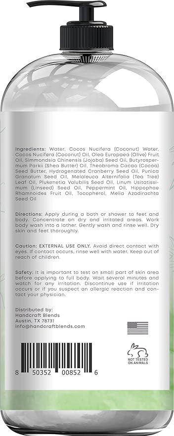 Handcraft Blends Tea Tree Oil Body Wash 16 oz - Extra Strength Body Wash For Athletes Foot, Nail Fungus, Itchy Skin, Jock Itch, Acne and Eczema - Tea Tree Body Wash For Men & Women