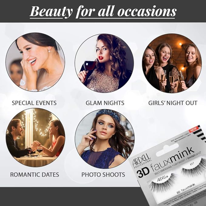 Ardell False Eyelashes 3D Faux Mink Lashes 857 - Ultra-Fluffy Strip Lashes with Invisiband for a Dramatic Eye Look, 4 Pairs