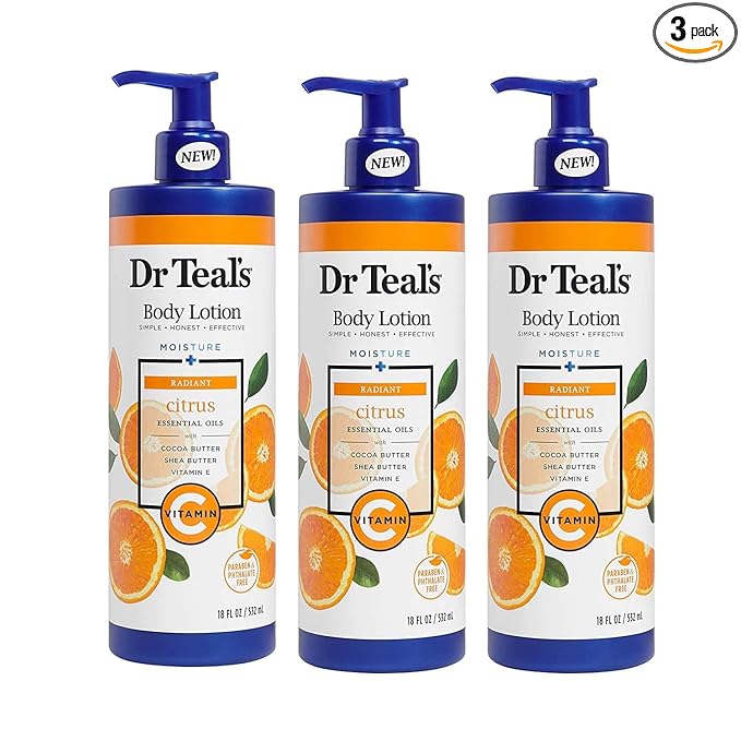 Dr Teal's Vitamin C & Citrus Body Lotion Gift Set (3 Pack, 18oz Ea.) - Glow & Radiance Formula - Essential Oils Blended with Pure Epsom Salt Nourish Skin & Helps Relieve the Mind of Stress