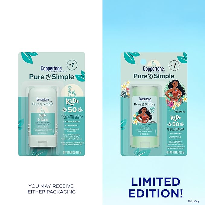 Coppertone Pure and Simple Kids Exclusive Disney Moana Sunscreen Stick SPF 50, Hypoallergenic, Mineral Sunscreen for Kids, Water Resistant, Oxybenzone and Octinoxate Free, 0.49 Oz Stick