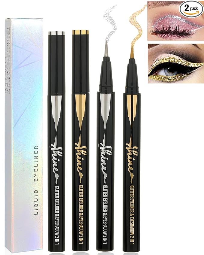 Gold Silver Glitter Liquid Eyeliner Pencil, 2 Pcs - Long Lasting, Waterproof, Smudgeproof, Pigmented, Shimmery Finish