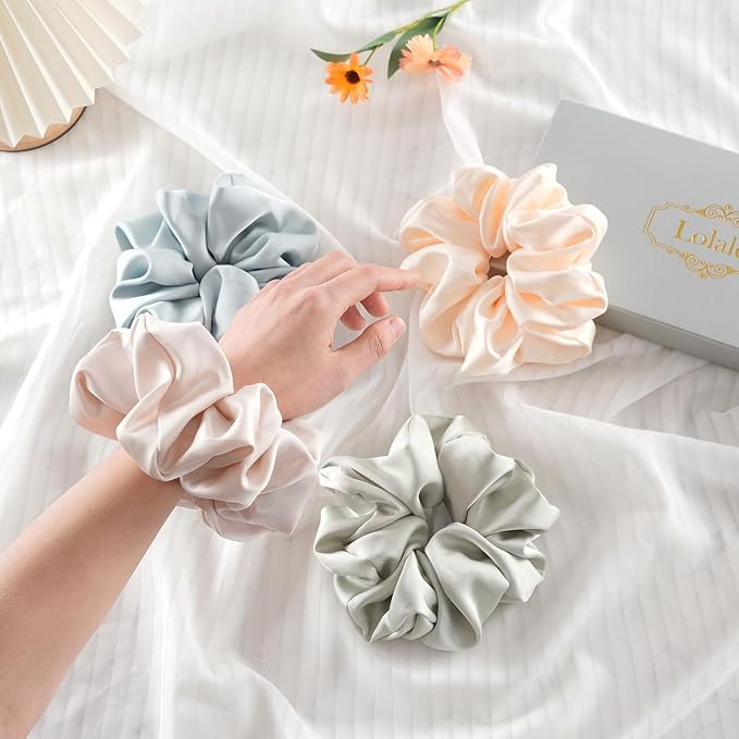 Lolalet Big Satin Scrunchies for Women, 5.9 Inch Large Oversized Scrunchie, Soft Jumbo/Giant Scrunchies Hair Ties for Thick & Curly Hair -4 Pack, Cream/Light Blue/Green/Beige