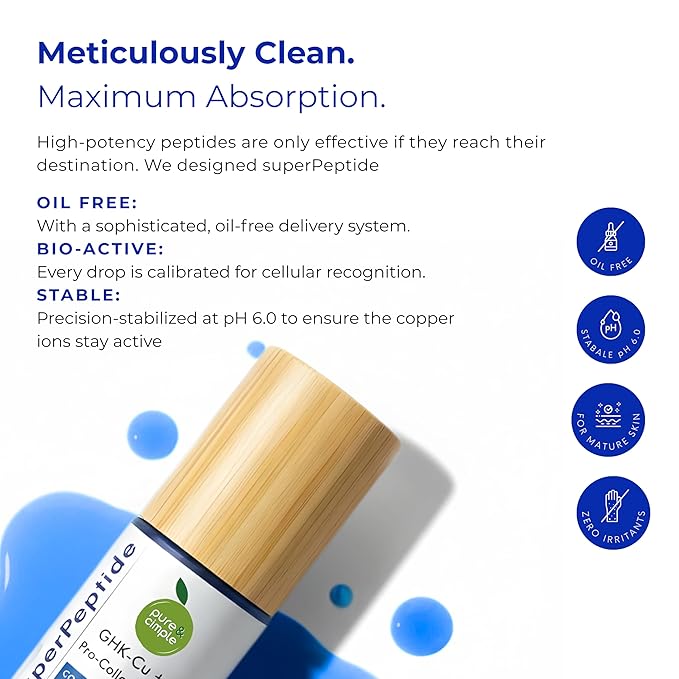 Pure & Cimple superPeptide 1% Copper Peptide Serum for Face – 99.9% Pure GHK-Cu & Collagen Tripeptide – Firms, Lifts & Restores Density for Mature Sensitive Skin – Barrier Repair Ectoin & Cica – 1oz