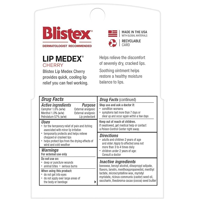 Blistex Cherry Lip Medex, 0.35 oz Each, Advanced Hydration, Medicated Relief with Cooling, Soothes and Protects, Restores Healthy Moisture Balance to Lips, 2 Count, 1 Pack