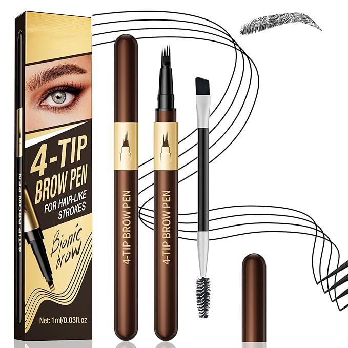 Eyebrow Pencil for Women,4-Tip Microblading Eyebrow Pen with 1 Brow Brushes, Waterproof&Sweatproof for Women to Effortlessly Create Natural Hair-Like Strokes, All-Day Wear,Gifts for girls,Black