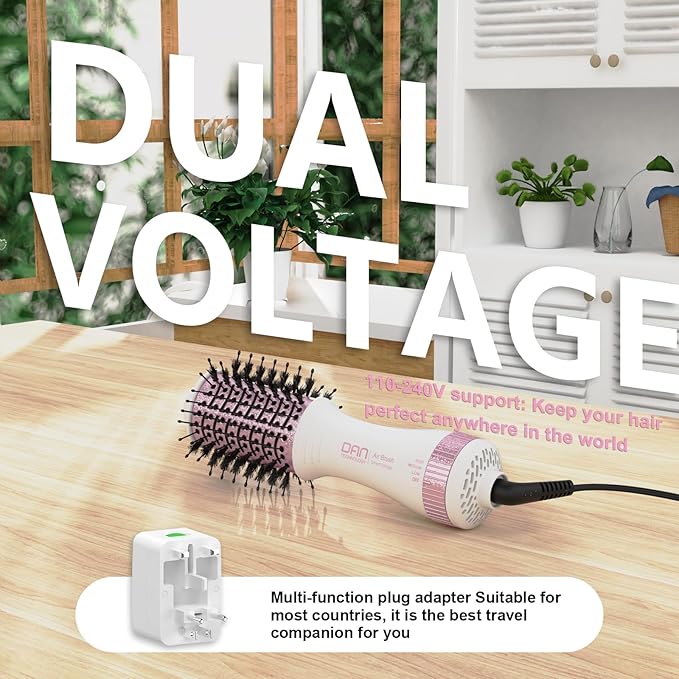 DAN Auto Dual Voltage Hair Dryer Brush(100V-240V),Travel Hair Dryer Brush with Multi-Function Plug Adapter,One Step Blow Dryer Brush and Styler Volumizer