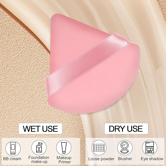 Pimoys 15 Pcs Triangle Powder Puff Pink Velour Makeup Puff, Dry Use for Foundation on Cheeks Forehead Eyes and T-Zone, Reusable for Home Travel and Pro Use
