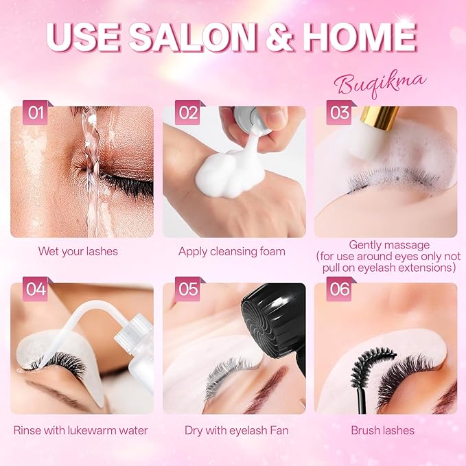 Buqikma Lash Cleaning Kit - Lash Shampoo 60ML with Rechargeable Handheld Fan Dryer, Mascara Brush, Rinse Bottle, Makeup Cleansing Foam for Eyelash Extension Care, Black