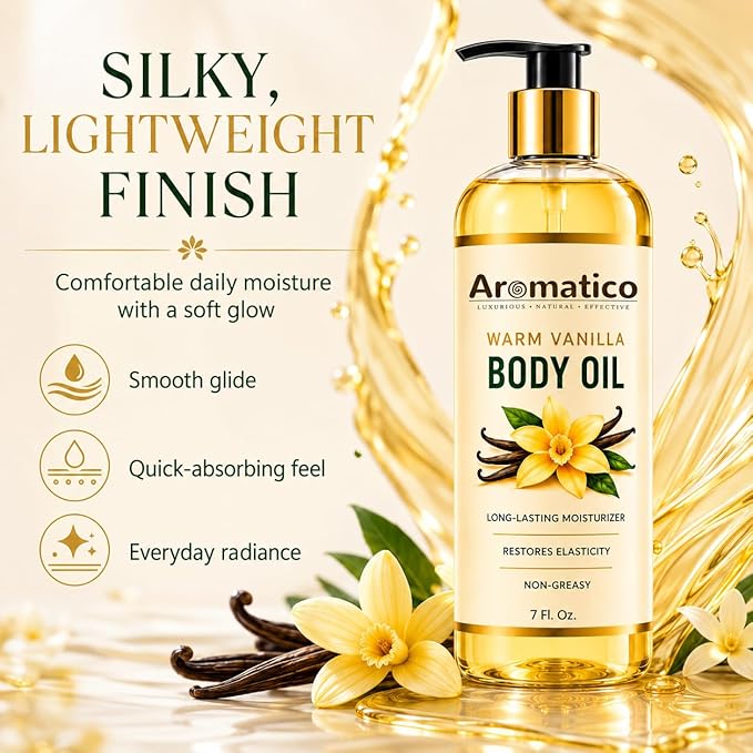 Aromatico Warm Vanilla Body Oil for Women - 7 fl oz | Moisturizing Scented Body Oil for After Shower Daily Use | Cozy, Creamy Vanilla Scent