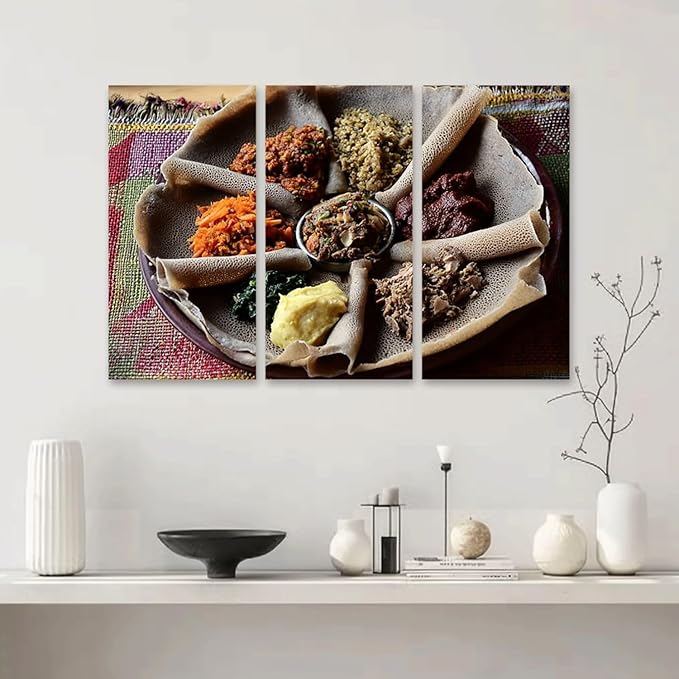 3 Piece Canvas Wall Art Prints Picture traditional ethiopian ethiopian foods pictures Framed Wall Painting Modern Artwork Poster Home Decor for Living Room Office Ready to Hang