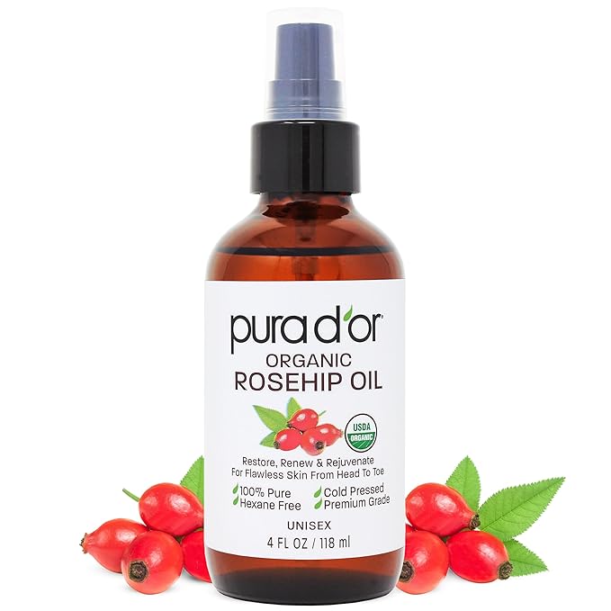PURA D'OR 4 Oz ORGANIC Rosehip Seed Oil 100% Pure Cold Pressed USDA Certified Anti-Aging Youthful Look-Vitamin A & C Rich-Helps Fade Appearance of Scars & Stretch Marks - For Face, Hair & Body
