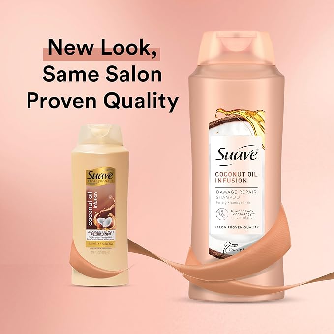 Suave Coconut Oil Damage Repair Shampoo, for Normal, Dry and Damaged Hair, with Pure Coconut Oil Infusion, 28 oz Pack of 4