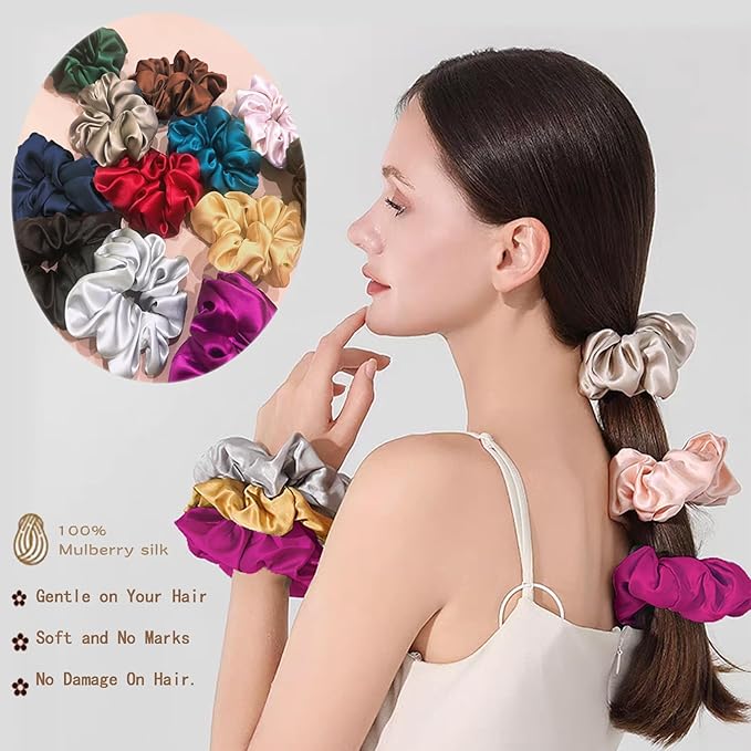 SALE 100% Pure Mulberry Silk Hair Scrunchies - 16 Momme Silk Scrunchies for Women & Girls, Curly, Thick & Thin Hair - Women's Black Satin Sleep (1, 10 rose red)