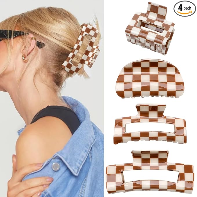 Atoden Checkered Hair Clips for Thick Thin Hair 4Pcs Large Medium Small Claw Clips Strong Hold Non Slip Y2K Hair Accessories for Women Girls Brown
