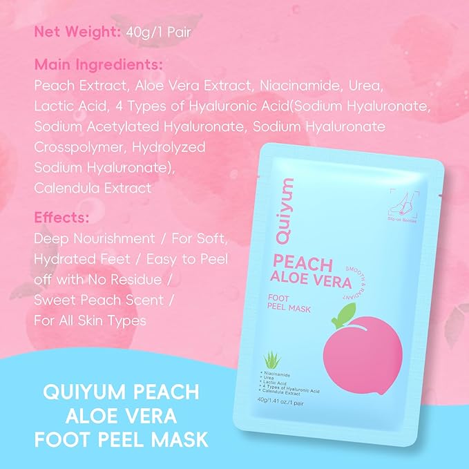 QUIYUM Peach & Aloe Vera Exfoliating Foot Mask, Foot Peeling Mask with Lactic Acid & Urea, Niacinamide & Hyaluronic Acid, for Dry Cracked Feet, Smooth, Glow, Soften, 6 Pairs, Stocking Stuffers