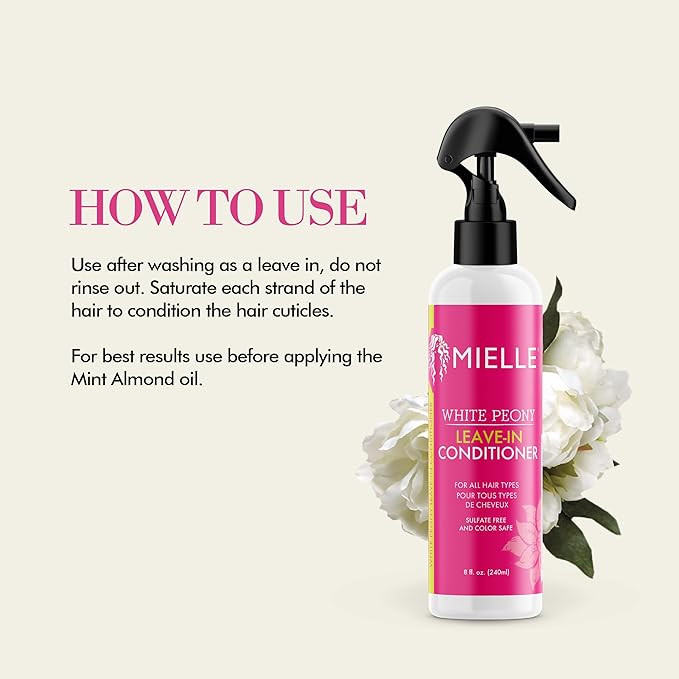 Mielle Organics White Peony Leave-In Conditioner Spray - Ultra-Moisturizing Detangler for Curly & Natural Hair - Frizz Control & Moisture Seal - Color-Safe & Sulfate-Free, 8 Fl Oz