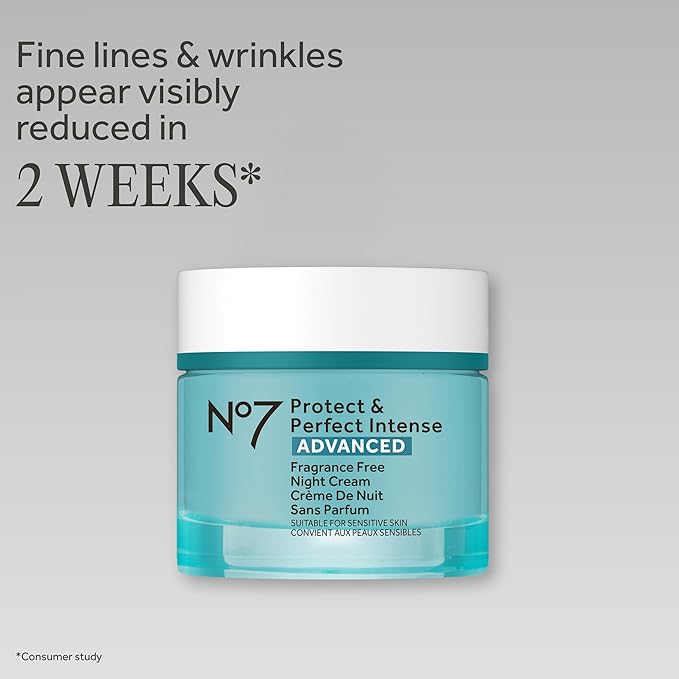 No7 Protect & Perfect Intense Advanced Night Cream Fragrance Free - Vitamin E & Shea Butter Face Cream - Fine Line Reducing Moisturizer with Collagen Peptide Technology (1.69 fl oz)