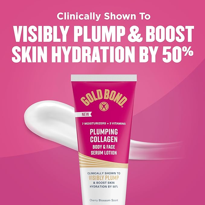Gold Bond Plumping Collagen Body & Face Serum Lotion, Lightweight Hydrating Moisturizer with Collagen Peptide Complex, Jojoba and Grapeseed Oils to Visibly Plump Skin, Cherry Blossom Scent, 8 oz