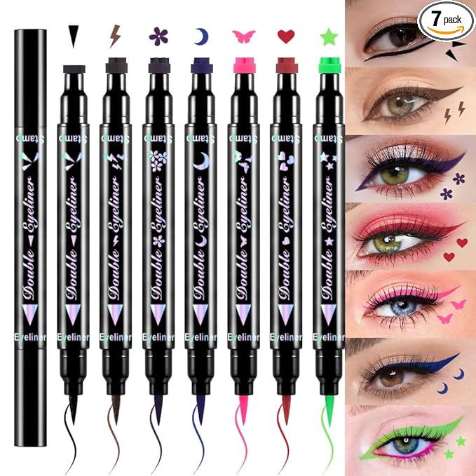evpct 7Pcs Colored liquid Eye Liners Face Stamp Cosplay Gothic Makeup Set Kit for Beginners, Black Brown Purple Blue Red Pink Green Star Flowers Heart Moon Triangle Lightning Butterfly Stamps Eyeliner