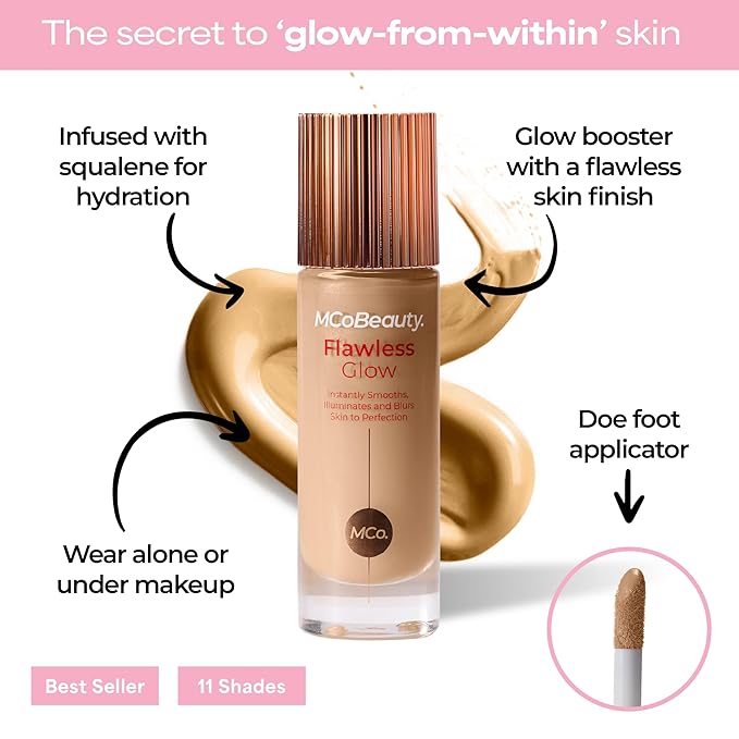 MCoBeauty Flawless Glow Luminous Skin Filter - 4 Medium - 4-in-1 Primer, Highlighter & Foundation Booster - Dewy Illuminating Tint Face Makeup with Squalane Vitamin E - Vegan & Cruelty Free