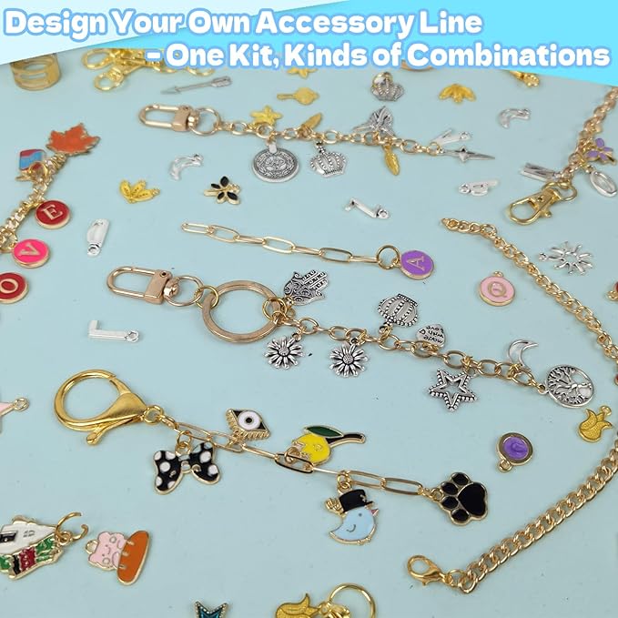 WANRSUDY 359 Pcs Charms Lip Gloss Keychain Making Kit-DIY Lip Balm Charms Kit Including Letter Clip Hooks Lobster Clasps Chains Jump Rings Complete Beginner Craft Set for Women DIY Gift