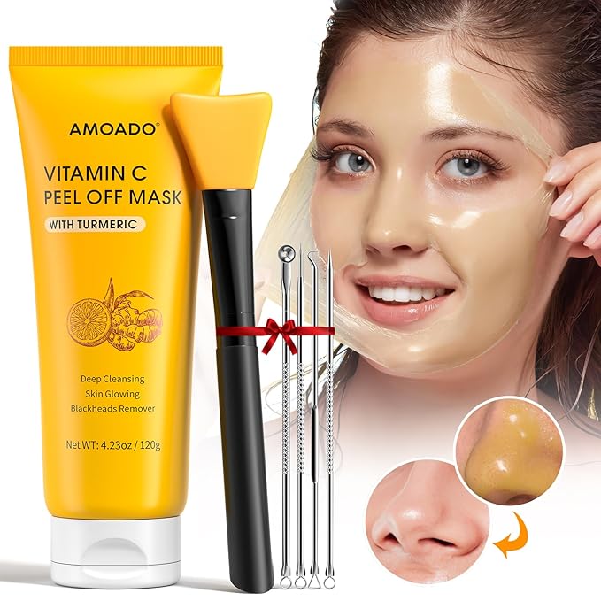 AMOADO Blackhead Remover Mask, Peel Off Face Mask with Vitamin C & Turmeric for Men and Women–Deep Cleansing Nose Facial Mask for Blackheads, Pores & Oil Control with Pimple Extractor and Brush