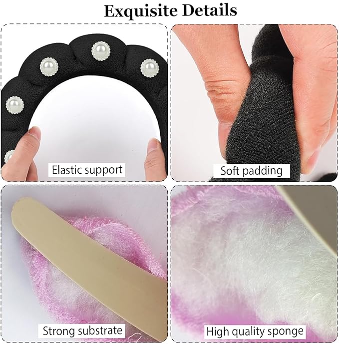 Spa Headbands Puffy Makeup Skincare Headbands for Washing Face or Facial, Terry Cloth Fabric Hairbands for Makeup Removal Shower Skin Treatment(Black, Pearl)