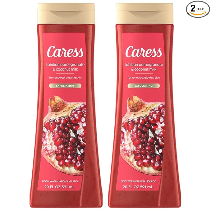 Caress Body Wash, Tahitian Pomegranate & Coconut Milk, Moisturizing Body Wash for Renewed, Glowing Skin, Exfoliating Body Soap Liquid, 20 Fl Oz (Pack of 2)