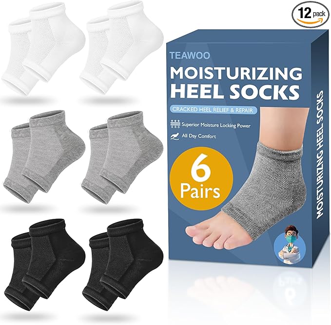 TEAWOO 6 Pairs Moisturizing Heel Socks for Cracked Heel Treatment, Foot Care Toeless Socks to Soften and Hydrate Dry Cracked Feet Heels, Cracked Heel Repair Socks, Gel Socks for Dry Cracked Feet